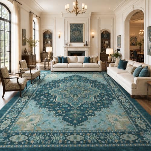 AMADA HOMEFURNISHING 8x10 Area Rug for Living Room, Vintage Washable Area Rug Low-Pile & Non-Slip Carpet for Bedroom Dining Room Nursery Home Office, Teal Blue - Image 3