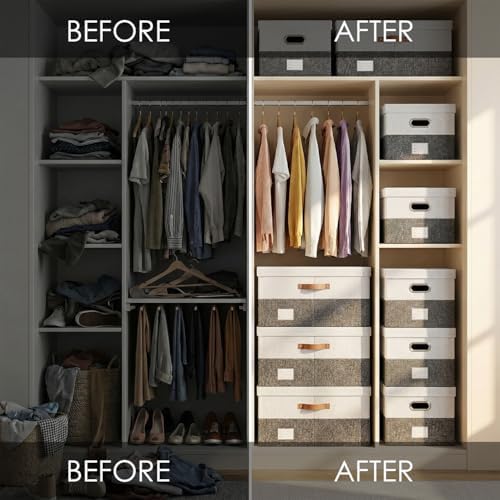 PRANDOM Storage Bins with Lids [3-Pack] Linen Fabric Foldable Storage Boxes Organizer Containers Baskets Cube with Cover for Bedroom Closet Office Grey&White (23.4X15.9X11.4) - Image 5