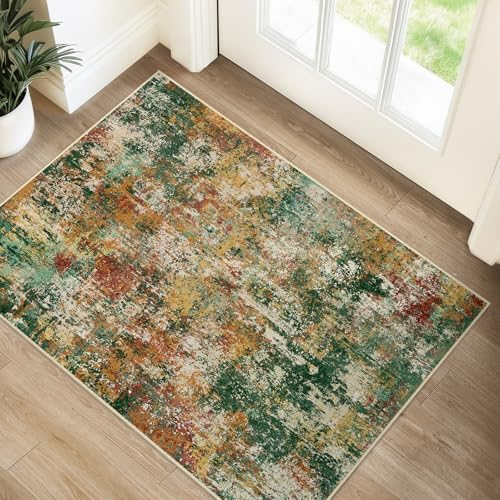 RELEANY Washable 2'x3' Abstract Area Rug for Living Room Green Multi by RELEANY