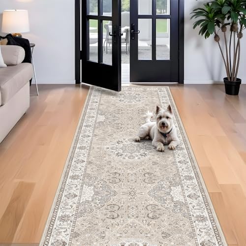 Washable 4x12 Wide Hallway Runners: 12ft Vintage Soft Runner Rug for Entryway Living Room Non Slip Water Resistant Carpet for Kitchen Dining Room Ultra Thin Nursery Bedroom Area Rug(Beige,4x12) - Image 2