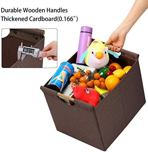 HOONEX Large Collapsible Storage Bins, Linen Fabric, 2 Pack, Storage Baskets with Wooden Carry Handles and Sturdy Heavy Cardboard, for Home, Office, Car, Nursery, Brown - Image 2