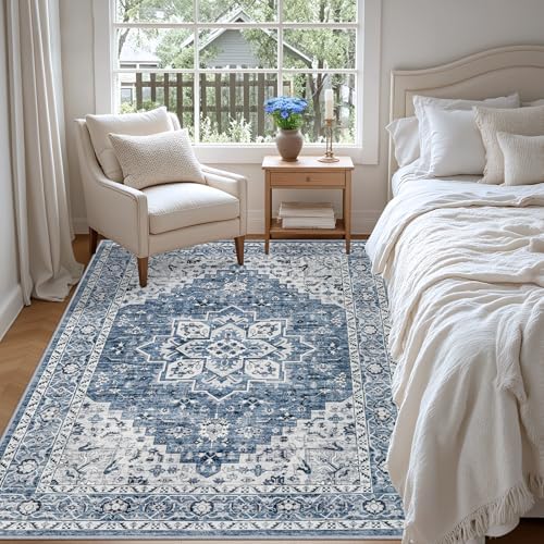 5x7 Area Rugs Living Room: Washable Vintage Rug for Bedroom Blue - Image 4