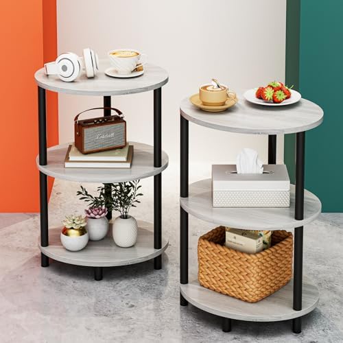 Small Round Side Table - 3-Tier Oval Accent Table for Small Spaces, Rustic Wood and Metal Couch End Table, Nightstand for Bedroom or End Table Living Room, Set of 2, Greige by RISWER