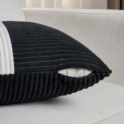 Fancy Homi Set of 2 Black White Lumbar Decorative Throw Pillow Covers 12x20 Inch for Living Room Bedroom Couch Bed Sofa, Soft Striped Corduroy Modern Rectangle Accent Cushion Case 30x50 cm - Image 4