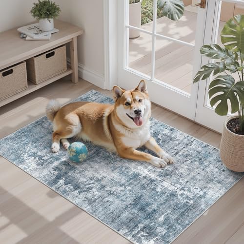 Soalmost 2x3 Abstract Washable Rugs for Entry, Kitchen Area Rug Blue/Grey - Image 3