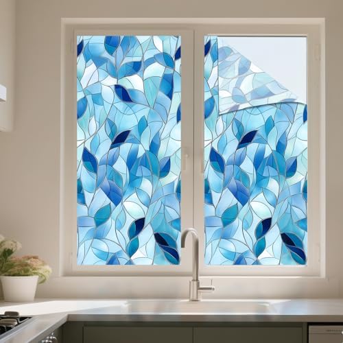IVN Stained Glass Window Film Blue Leaf Pattern 17.7 x 39.3 Inch - Image 2