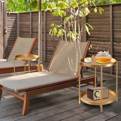danpinera 2-Tier End Table, Outdoor Side Table Metal Round Side Table with Removable Tray, Small Folding Accent Table, Anti-Rust Nightstand for Bedroom Balcony Patio Living Room (Gold) - Image 2