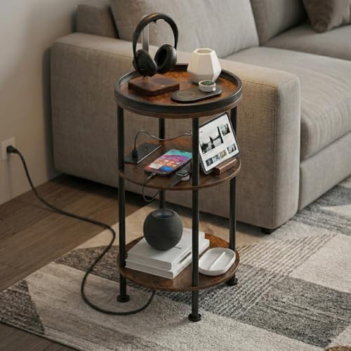 Small Round Side Table with Charging Station for Small Spaces, Rustic Brown - Image 2