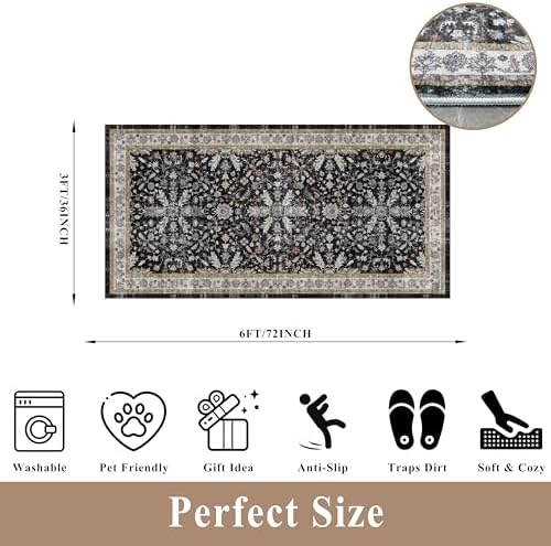 3x6 Kitchen Runner Rug Non Slip Washable - Soft Low Pile Stain-Resistant Wide Carpet Runner for Hallway Entryway Bedroom Bathroom with Rubber Backing - Boho Floral Door Mat(Black,3x6) - Image 2