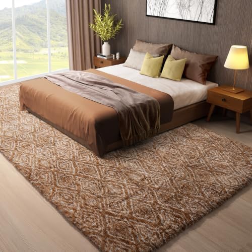 Ophanie 8x10 Brown and White Diamond Striped Rugs for Living Room,Large Fluffy Shag Fuzzy Plush Soft Carpets,Shaggy Rug for Bedroom,Carpet for Kids Boys Girls Dorm Decor with Over 99 pcs Pile fibers - Image 5