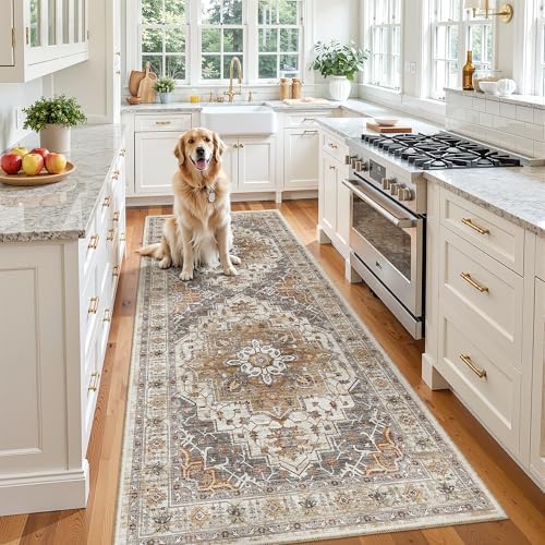 Madane Hallway Runner 3x8, Kitchen Rugs Washable Entry Rug, Turmeric/Grey by Madane