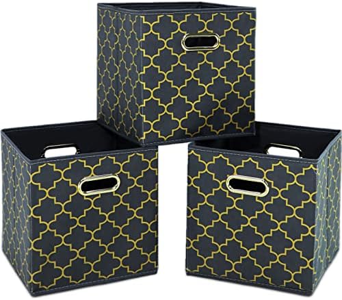Fabric Cloth Storage Bins,Fabric Cube Organizer with Dual Handles Foldable Cube Storage Baskets for Home Bedroom Storage,Set of 3,(Grey Gold) by SEVENDOME