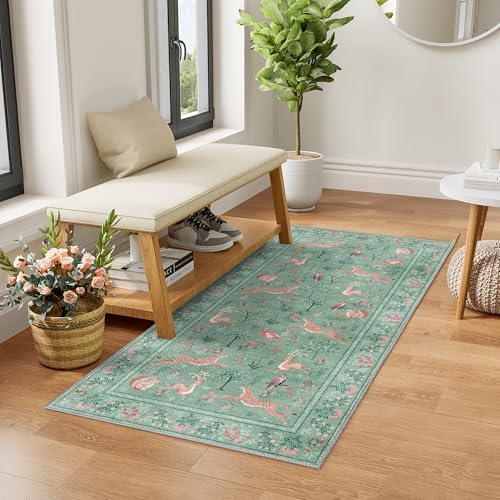 DUKINO 2x4 Rug for Entryway, Animal Washable Runner Rug for Kitchen, Teal - Image 3