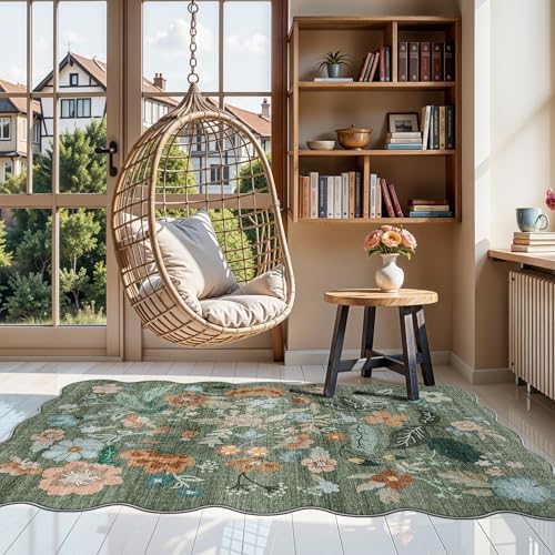 Washable 3x5 Entryway Area Rugs: Ultra Soft Low Pile Carpet for Kitchen Nursery Indoor Light-Weight Doormat Rug with Non-Slip Backing for Living Room Bedroom Small Boho Floor Mat(3x5, Floral/Green) by HYHAOYUNLAI