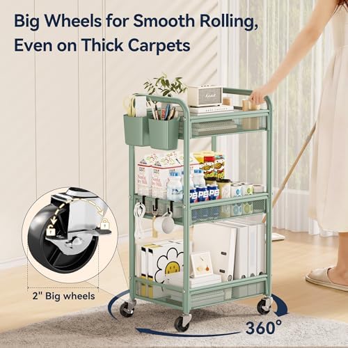 YASONIC 3 Tier Metal Rolling Cart, Green Utility Storage Cart with Wheels - Image 4