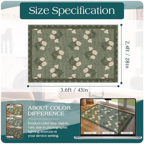 Floral Outdoor Rug - 28" x 43" Front Door Mat Indoor Outside Entrance Non-Slip Washable Outdoor Mat Sage Green Spring Scalloped Rug for Entryway Kitchen Bedroom Layered Doormat for Front Porch - Image 2