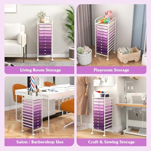 10-Drawer Rolling Storage Cart, Trolley w/Lockable 360° Wheels, 10 Removable PP Drawers, Sturdy Metal Frame, Rolling Utility Cart Perfect for Home, Office, Classroom (Gradient Purple) - Image 6