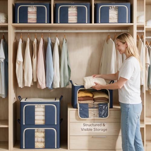 3 Openings Clothes Storage Bins with Metal Frame，100L (navy blue) - Image 6