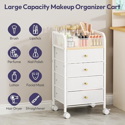 SWTYMIKI Rolling Makeup Organizer Cart - 14.96″*11.81″*27.55″ Widened Under Desk Vanity Storage with 4 Non-woven Drawers, Cosmetic Display Cases for Skin Care Perfume Nail Polish Brush Hair Tool White - Image 4