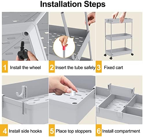 SPACELEAD 3 Tier Rolling Cart with Wheels, Storage Craft Art Trolley Organizer Serving, 3 Hanging Baskets Easy Assembly, for Office, Living Room, Kitchen, Gray - Image 4