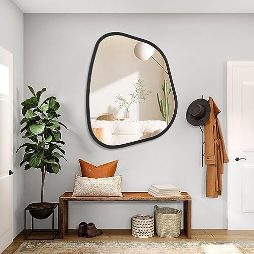 Black Asymmetrical Mirror Large 26"x18" Irregular Oval Wall Mirror Modern Wood Frame Unique Shape Wall Mounted Vanity Artistic Mirror Decorative for Living Room Bedroom Bathroom Entryway Hallway - Image 5