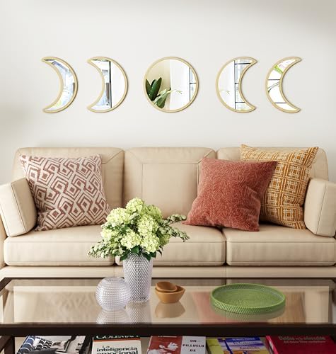 10.4" Raw Acrylic Moon Phase Wall Mirror Set - 5-Piece Boho Celestial Decor for Living Room Bedroom Entryway, Easy Stick-On Installation, Shatterproof Safety Design - Image 3