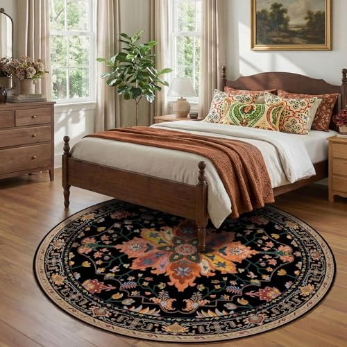 RELEANY Washable Area Rug, Round 8ft, Black/Colorful - Image 3