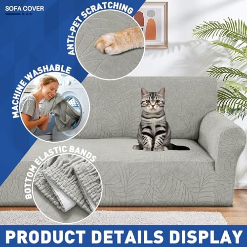 YEMYHOM Couch Cover Latest Jacquard Design High Stretch Sofa Covers for 3 Cushion Couch, Pet Dog Cat Proof Slipcover Non Slip Magic Elastic Furniture Protector (Large, Begonia Leaf Light Gray) - Image 4
