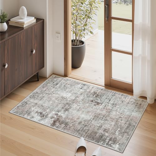 Soalmost 2x3 Abstract Washable Rugs for Kitchen, Small Area Rug Pink/Grey by Soalmost