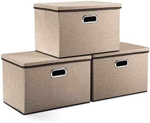 PRANDOM Large Collapsible Storage Bins with Lids [3-Pack] Jute Fabric Foldable Storage Boxes Organizer Containers Baskets Cube with Cover for Home Bedroom Closet Office Nursery (17.7x11.8x11.8) by Prandom