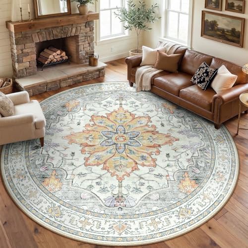 RELEANY Washable Area Rug, Round 8ft, Beige/Carbon Grey/Orange by RELEANY