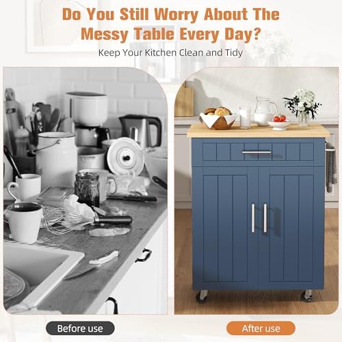 Shintenchi Kitchen Island cart with Storage, Portable Bar Cabinet on Wheels, Rolling Microwave Cart Side Table with Workstation for Kitchen, Dinning Room, Blue - Image 4