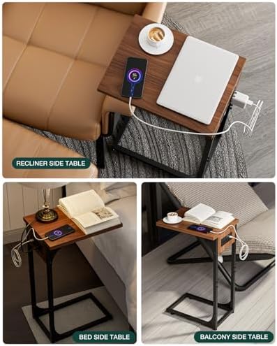 C-Shaped Side Table for Couch - Small Coffee Stand Sofa Tray Desk with Metal Frame Waterproof Scratch Resistant Wood Top and Built-in Charging Station, Rustic Walnut - Image 6