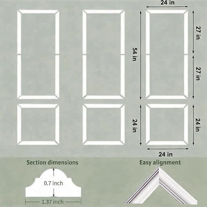 Peel and Stick Wall Molding Kit, 6 Large Frames, 54 x 24 Inch | Six 54 x 24 in pre-cut frames create a large-scale wainscoting layout for living rooms, dining rooms, and hallways. - Image 2