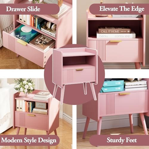 Aenuert Night Stand Modern End Table with Storage Drawer and Open Shelf, Small Bedside Stand, Wooden Sofa Side Table for Bedroom,Study Room and Small Spaces (Pink) - Image 6