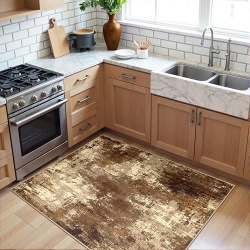 RELEANY Washable 3'x5' Abstract Area Rug for Living Room Brown Tan - Image 2
