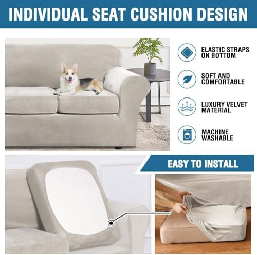 H.VERSAILTEX High Stretch Sofa Slipcover 4 Piece Cover Velvet Furniture Protector Form Fit Thick Velvet Extra Large Sofa Cover for 3 Cushion Couch Width Up to 97 Inch (Large Sofa, Oatmeal) - Image 6