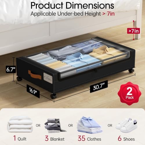 Yecaye Under Bed Storage with Wheels 60L, 2 Pack Under Bed Storage Containers, Underbed Shoe Storage with Clear Window & Label, Rolling Under Bed Metal Drawer for Clothes, Shoes, Books, Black - Image 2