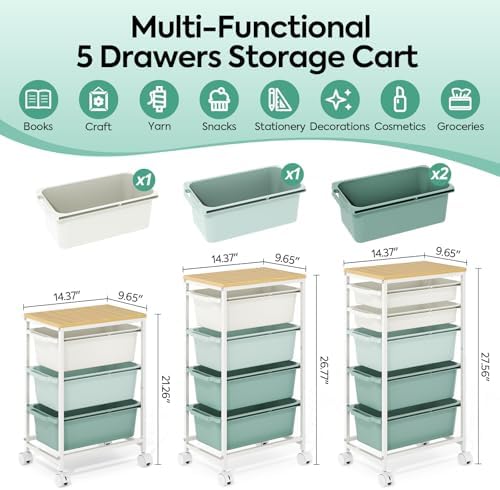 KINGBOARD Slim Rolling Cart with 4 Drawers, Metal Utility Storage Cart | Wooden Tabletop, Lockable Wheels, Table Side Trolley for Bedroom, Children's Room and Office Organization, Green - Image 2