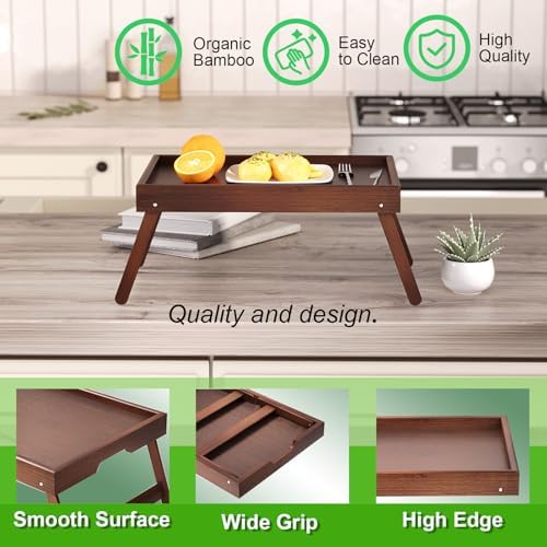 Fibogollo 2 Pack Bamboo Bed Tray Table with Folding Legs,Breakfast Trays,Serving Tray for Food and Snack,Laptop Trays for Working(Brown) - Image 4