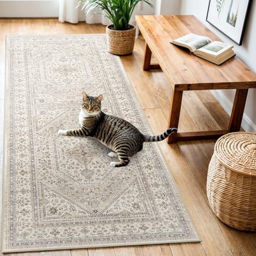 3x6 Washable Hallway Area Rug - Non-Slip Vintage Kitchen Rugs Beige Gray by Puino