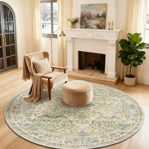 Washable Round Rugs for Bedroom 4ft: Living Room Rug Stain Resistant Non Slip Low Pile Ultra Soft Faux Wool Small Circle Rugs for Kitchen Entryway Nursery Dorm Home Office Bathroom Entrance Indoor by palohom