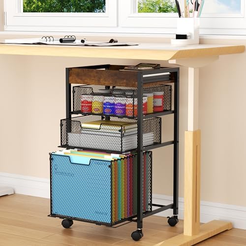 SWTYMIKI Rolling File Cart with Drawers - 4 Tier Under Desk Storage Craft Rolling Organizer Cart - Office Storage &Organization, Mobile Metal Filing Cabinet for Office and Home Espresso - Image 2