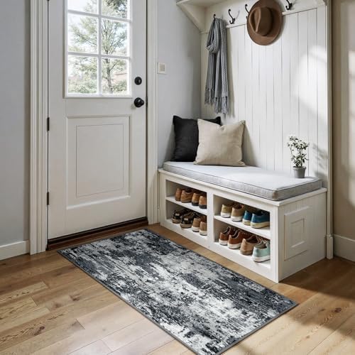RELEANY Washable 2'x5' Abstract Area Rug for Living Room Black White by RELEANY