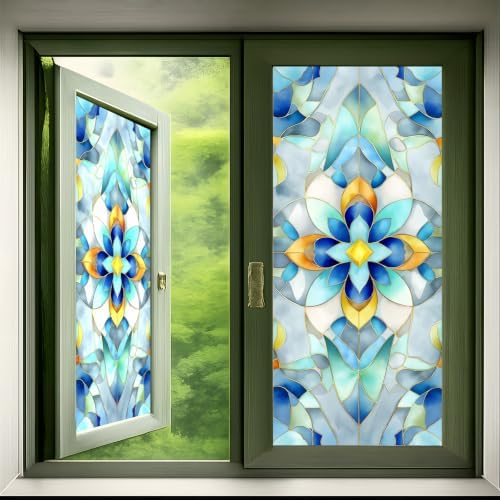 Privacy Window Film 17.5x38.3 Inches, Geometric Stained Glass Decorative Window Sticker, Blue & Green Frosted Glass, Anti-UV, Static Cling for Home, Bathroom, Office (Retro Blue) by KKYEJLQYI