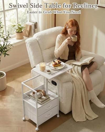Faesun Swivel Lift Top Nightstand with Charging Station, Rolling Side Table for Recliner, Bedside Table with Wheels & 2 Fabric Drawers, for Small Spaces, for Bedroom, Living Room, White - Image 5