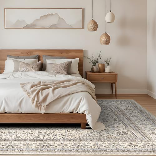 10x14 Washable Area Rug for Living Room - Non-Slip Vintage Rugs Beige Gray - Image 2