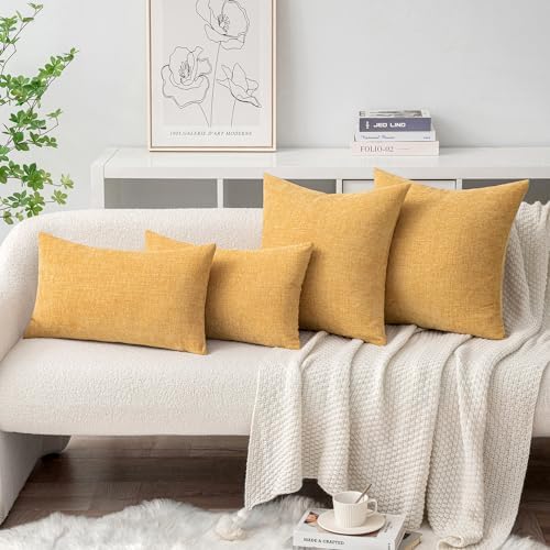 MIULEE Soft Chenille Lumbar Throw Pillow Covers Beige Yellow 12x20 Inch - Image 4