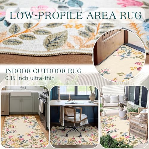 Colorful Floral Entry Rug - 3x5 Ft Washable Indoor Outdoor Front Door Mat Outside Entrance Front Porch Mat Non-Slip Boho Throw Rugs for Living Room Bedroom Entryway Kitchen Office Porch Decor - Image 5