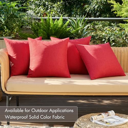 MIULEE Pack of 4 Decorative Outdoor Throw Pillow Covers Linen Waterproof Pillow Covers Summer Farmhouse Cushion Cases for Patio Garden Tent Balcony Couch Sofa 18x18 Inch Red - Image 3